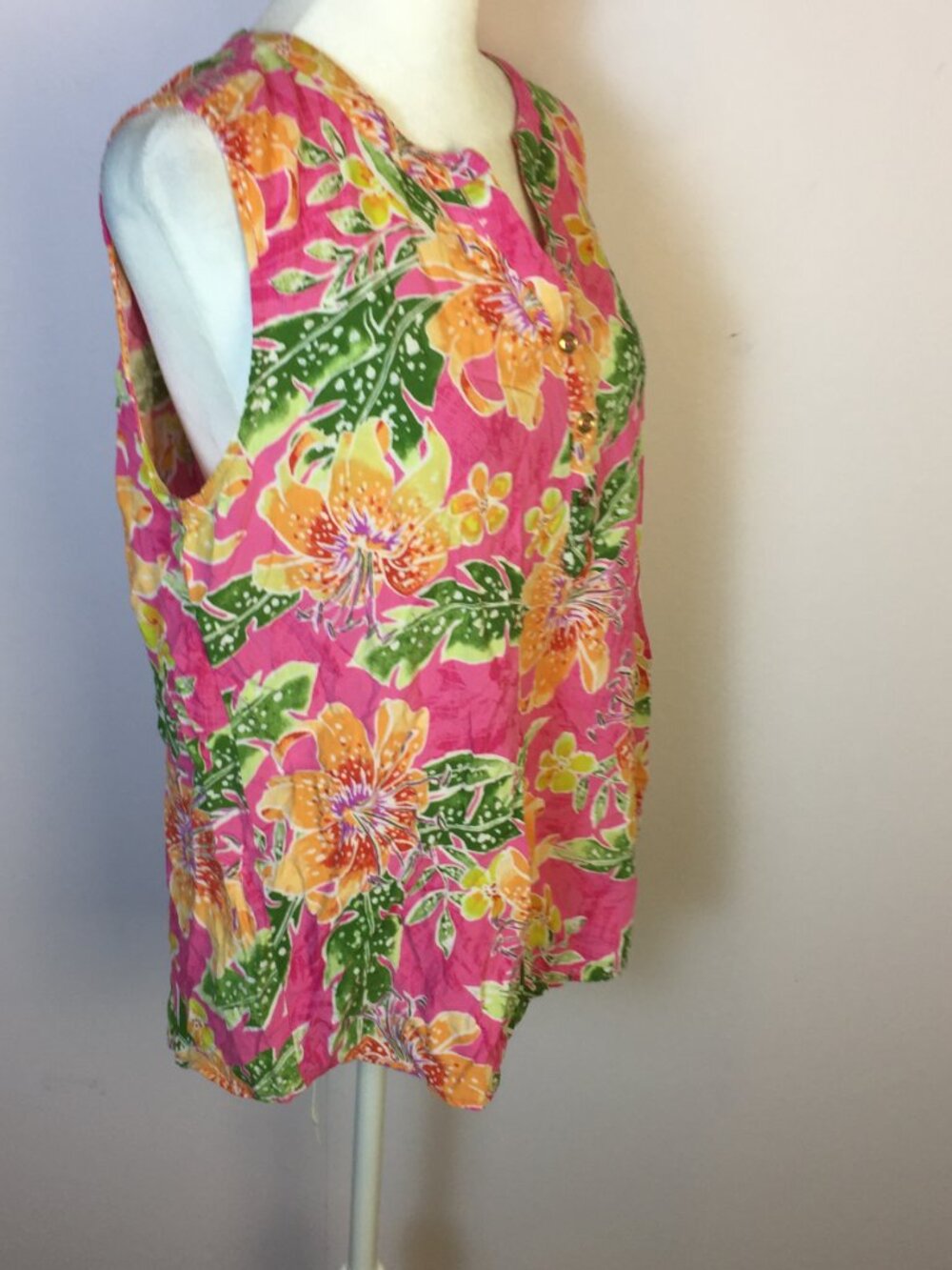 Caribbean Joe Shirt Blouse Size L Womans Pink Floral Sleeveless Hawaiian Beach - Picture 3 of 14